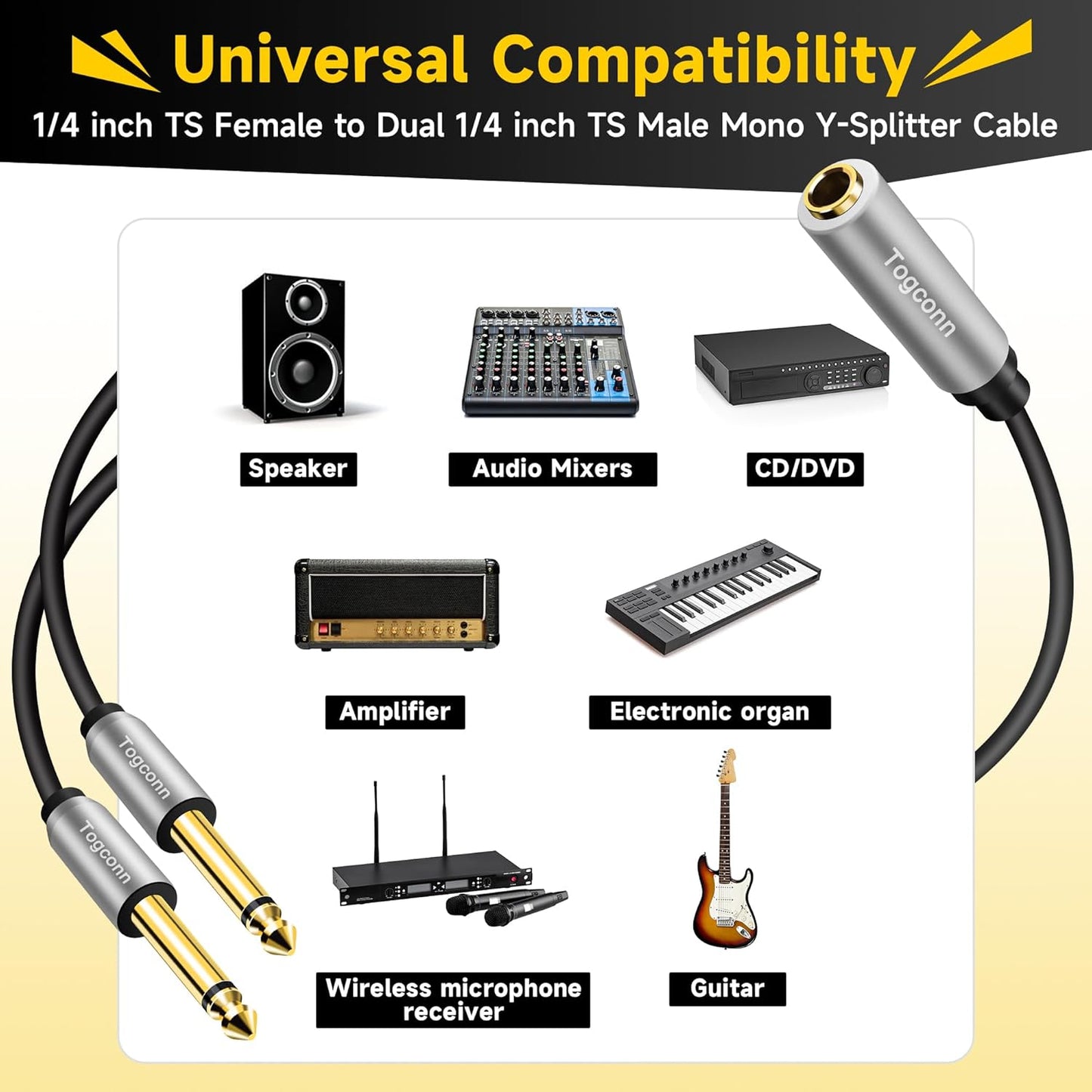 2-Pack 1/4 inch TS Mono Splitter Y Adapter, 6.35mm Mono Female to Dual 6.35 mm TS Mono Male Jack, Quarter inch Audio Speaker Splitter Converter Cable 1 Feet, Gold Plated Connectors