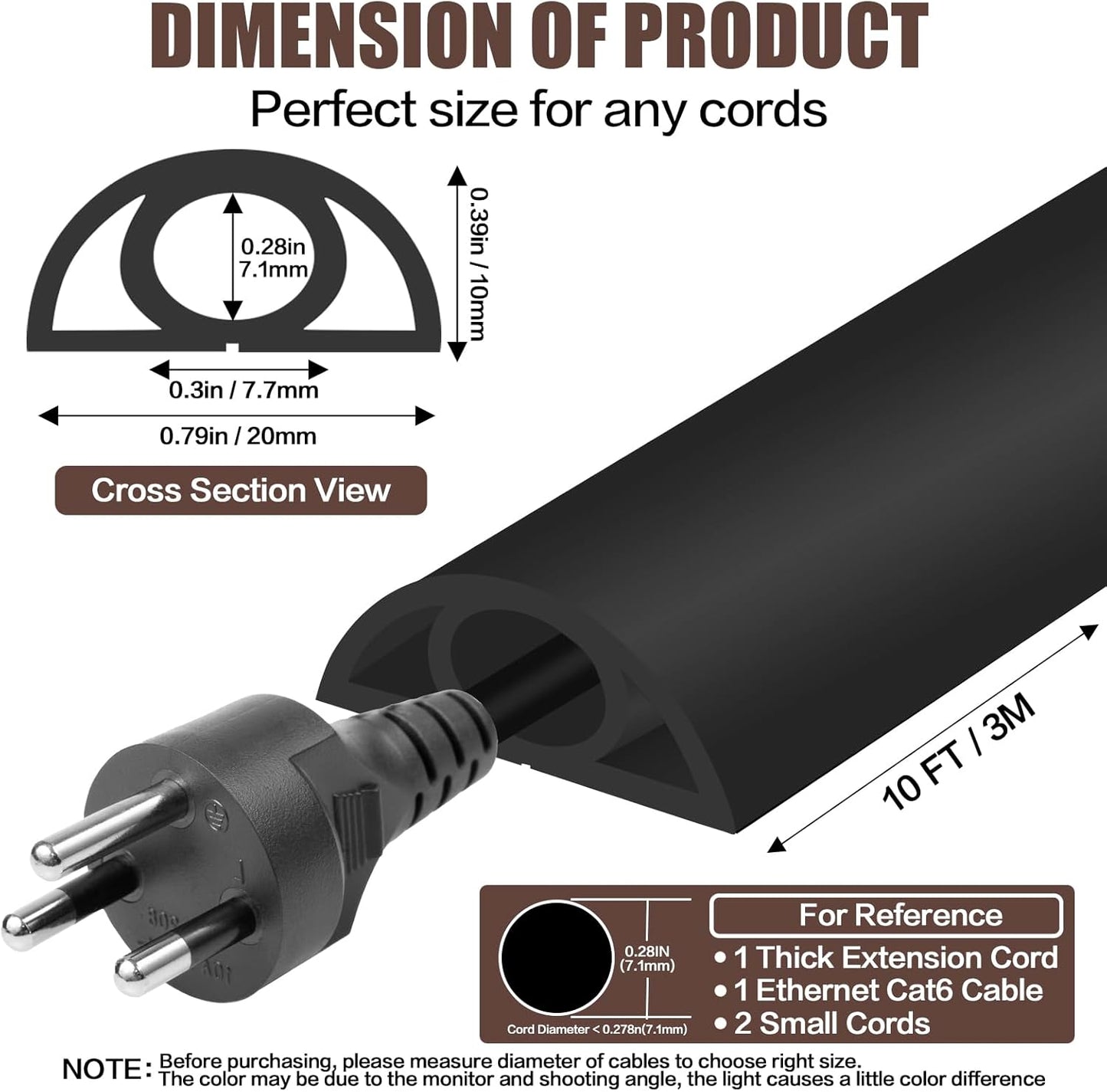 Floor Cord Cover Self Adhesive Cord Hider,10FT Cable Management, Extension Strip Protector for Wires, Prevent Cable Trips for Offices, Gyms, Exhibitions Cavity:0.3"(W) x 0.28"(H) Black