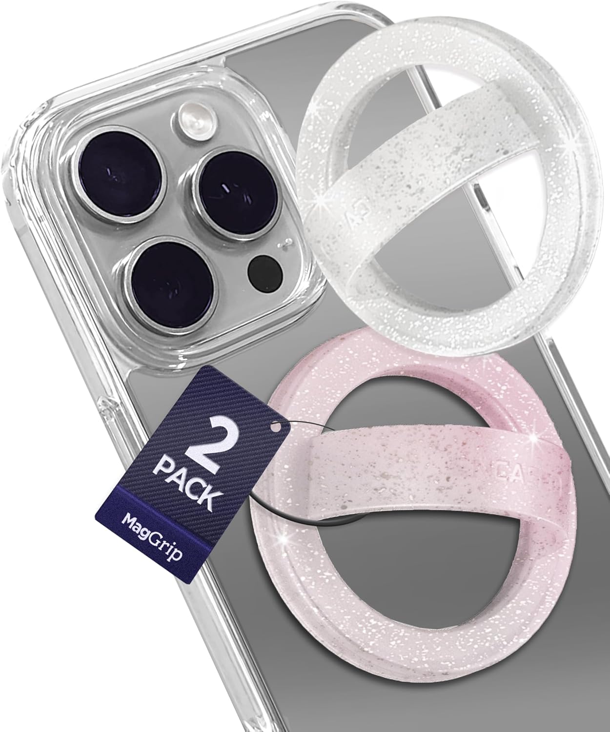 2-Pack Set, Cute Phone Holder Grips Compatible with MagSafe - Magnetic Finger Loops for iPhone, Comfortable SoftTouch Silicone, Secure Fit (Clear Sparkle/Gradient Pink)