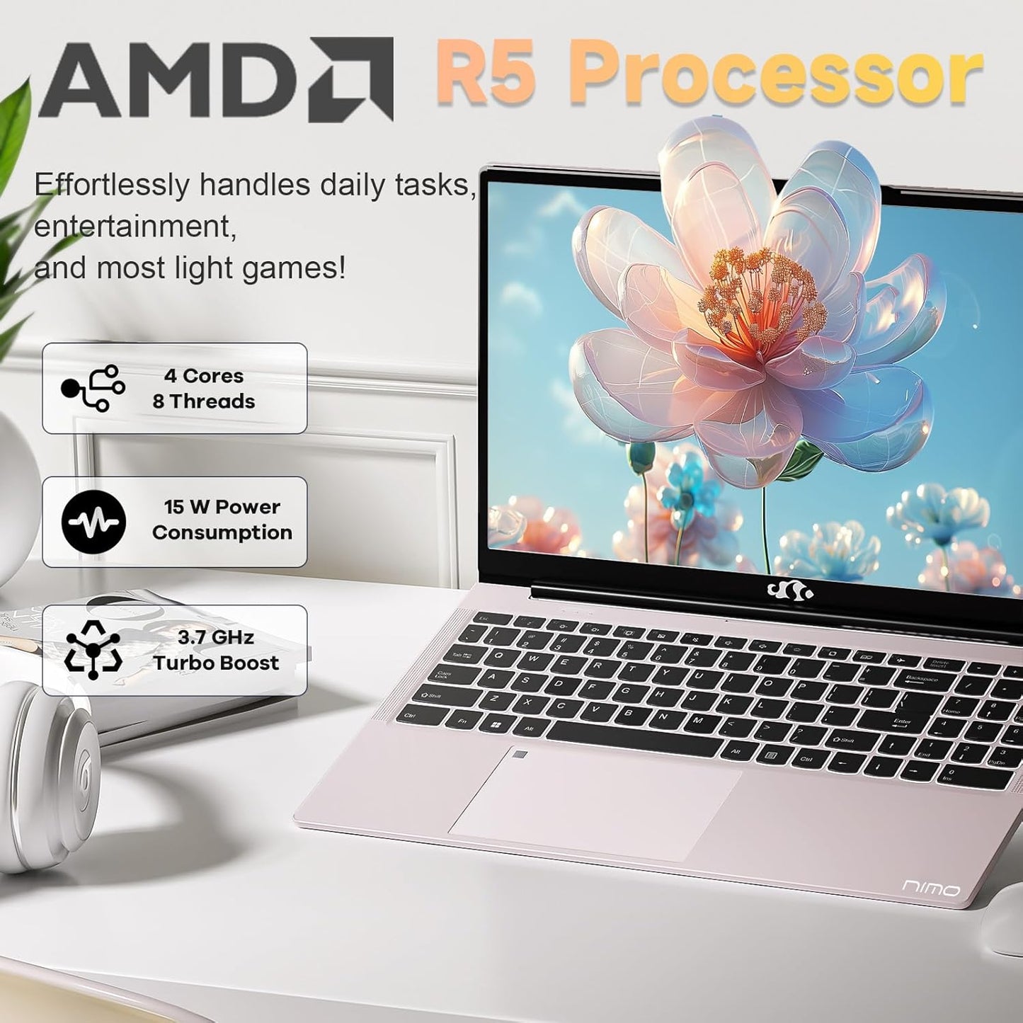 NIMO 15.6 inch Laptop FHD, AMD Ryzen 5 3500U, 8 GB RAM, 256 GB SSD, Windows 11, Backlit Keyboard, Fingerprint Reader, 65W PD, Lightweight Computer for Work and Homeschooling,Rose
