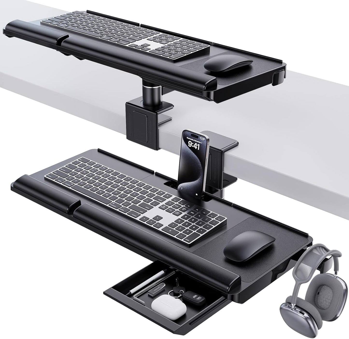 Klearlook Upgraded Adjustable Keyboard Tray for Above Desk & Under Desk Use - Ergonomic Sit-Stand Keyboard Riser with 360° Rotation, 24.4"×10" Keyboard Stand with Wrist Rest & Storage Drawer - Black