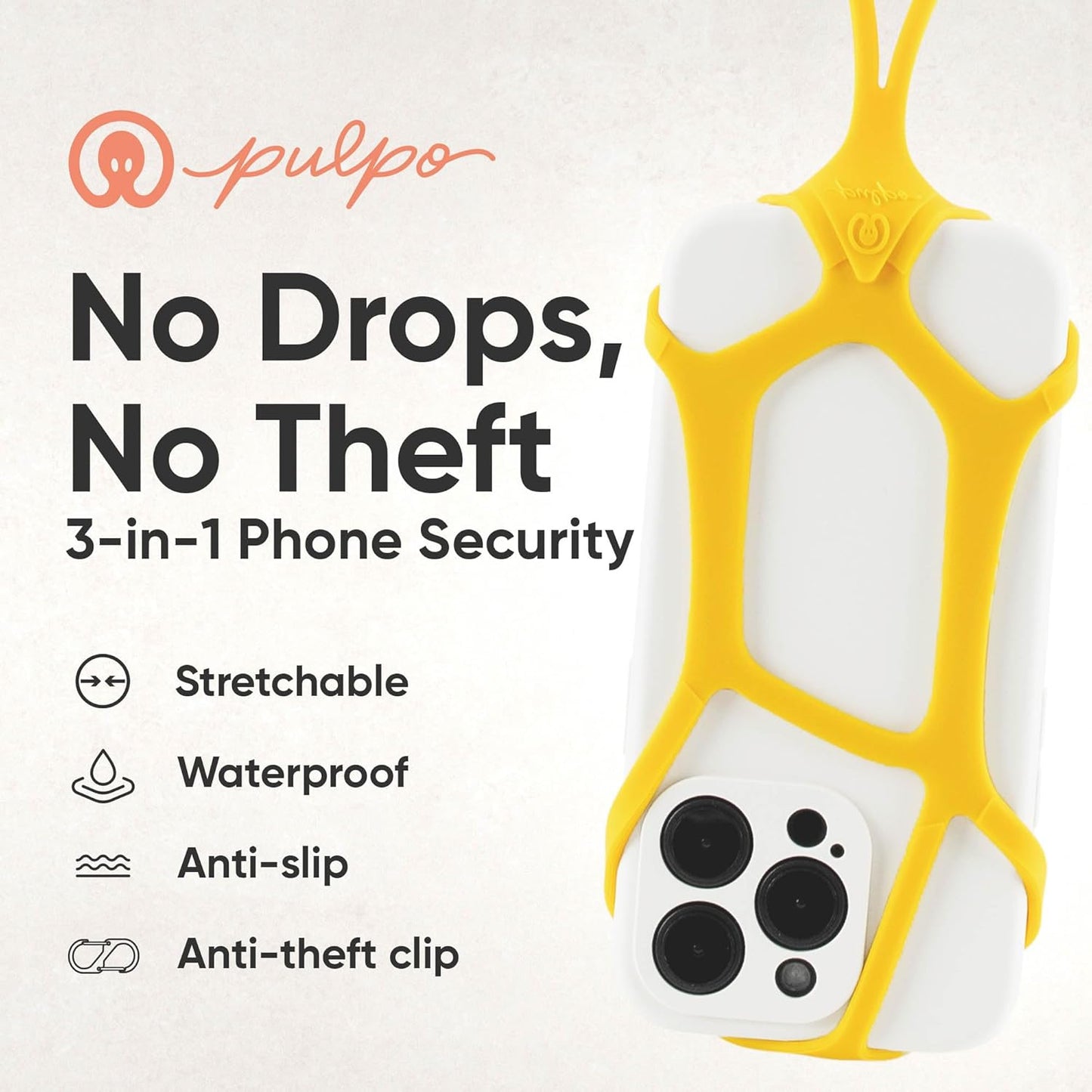 Pulpo Safety Cell Phone Lanyard Yellow Fits Smartphones 6.1" to 6.8” - Anti Theft Phone Strap for Men & Women, Lanyards for Phones, Hiking Phone Holder & Cellphone Lanyard,Silicone Crossbody Straps