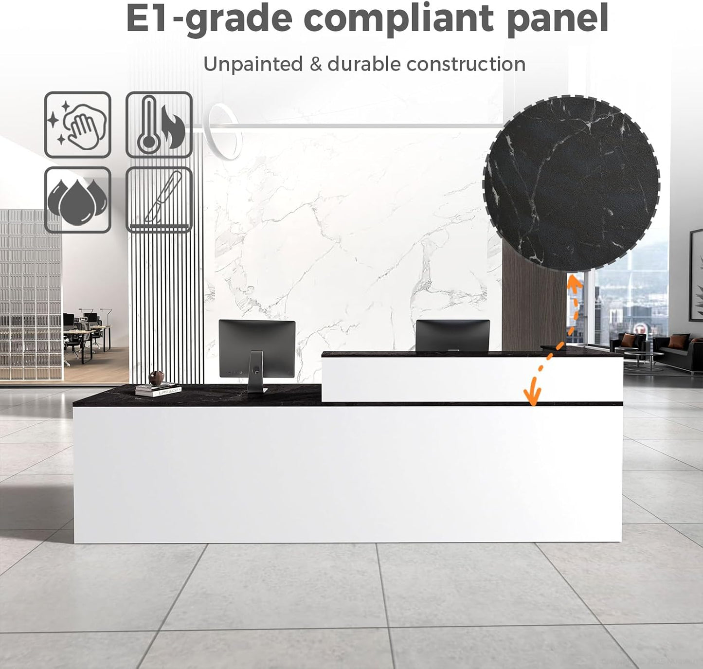 Reception Desk with Counter, Modern Front Desk Reception Counter with Keyboard Tray, Lockable Drawer and Storage Shelves for Office, Retail, Salon (White+Black/Right, 71" L*24" W*39" H)