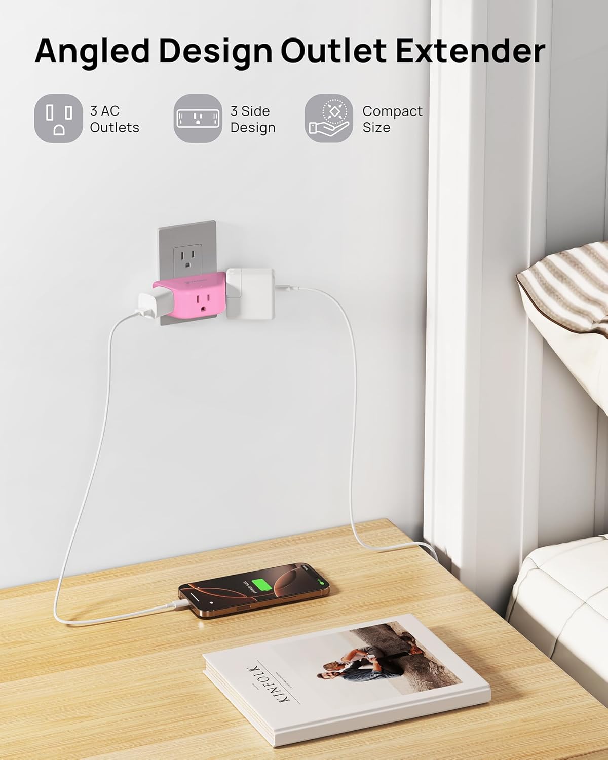 TROND Pink Outlet Extender - Multi Plug Outlet with 3-Prong Grounded Sockets, 3 Way Angled Plug Splitter, Compact and Practical Multiple Wall Expander for Home Travel Cruise Dorm Essentials