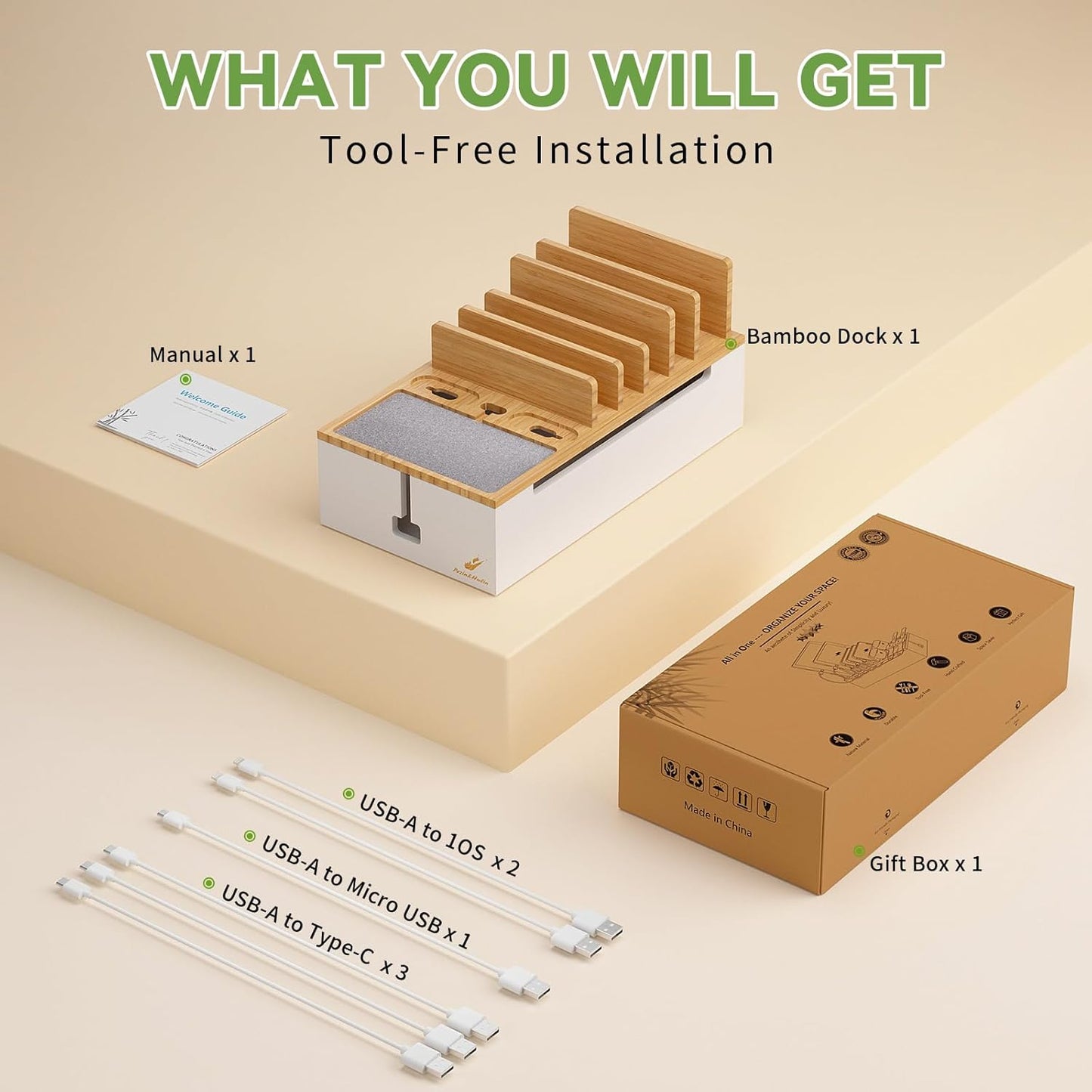 Pezin & Hulin Bamboo Cable Management Box, Wire Organizers for Cords, Charge Station Box, Desktop Dock Organizer Rack for Electronic Device (Include 6 Cables)(No Power Adapter) -Natural + White