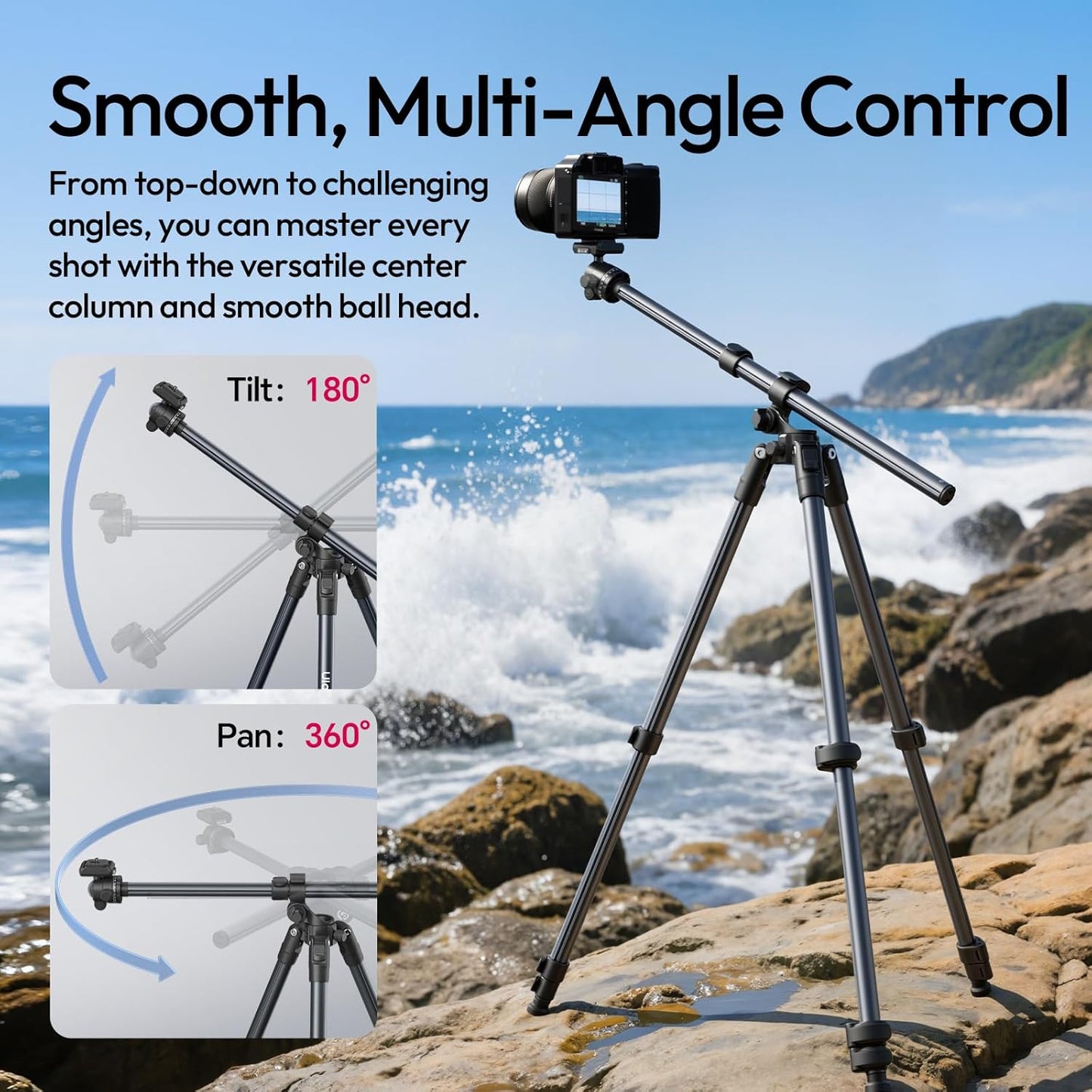 ULANZI TT59 Horizontal Overhead Photography Tripod, 68.9" Foldable Professional Camera Tripod Stand with Uka Quick Release Panoramic Ball Head for Mirrorless Camera/DSLR/Phone/Camcorder and All