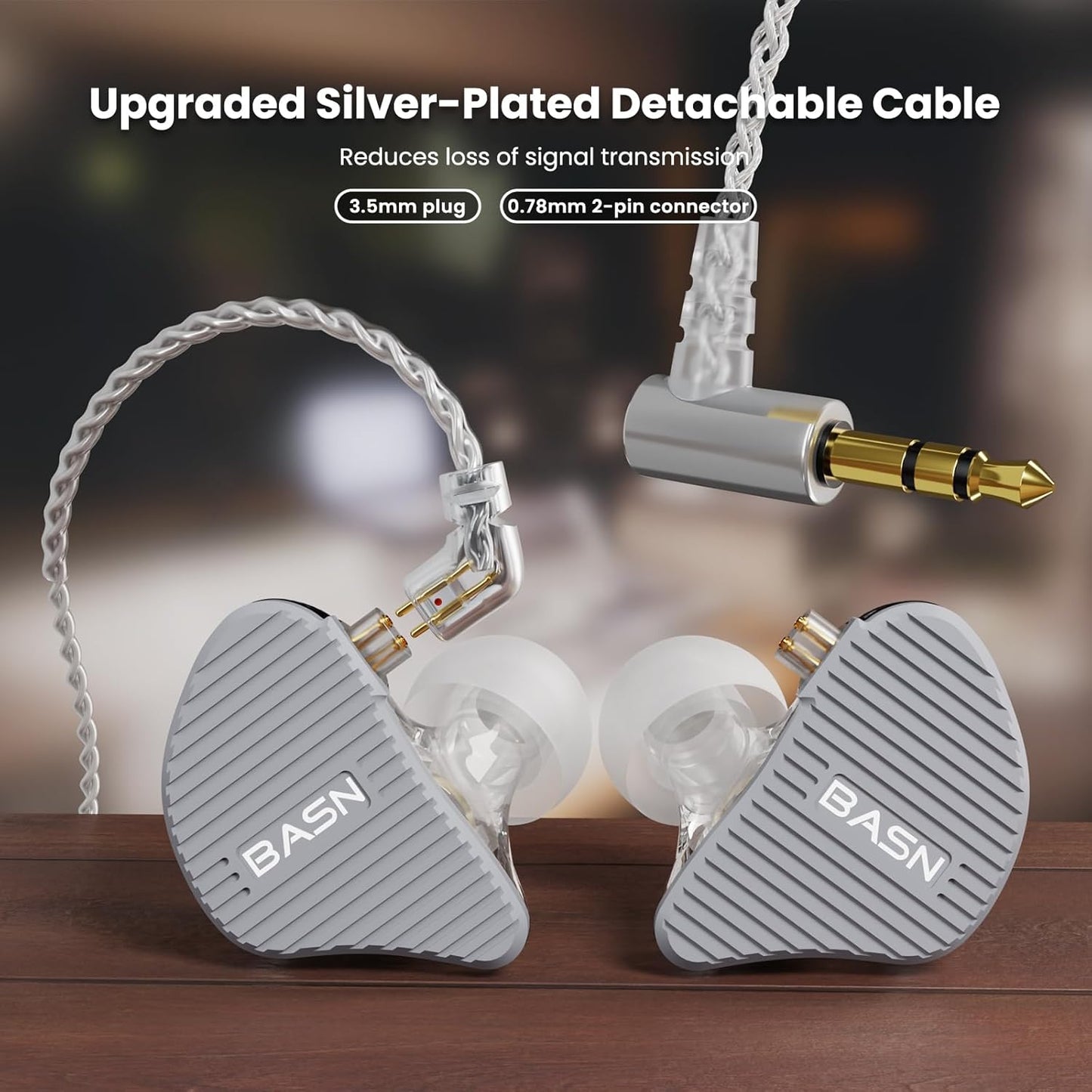 BASN Mix-PD in Ear Monitor,1Planar Driver + 1Dynamic Driver HiFi IEM Earphones with CNC Crafted Metal Cover, Wired 0.78mm 2-Pin Silver Plated Detachable Cable for Musicians (Metallic Grey)