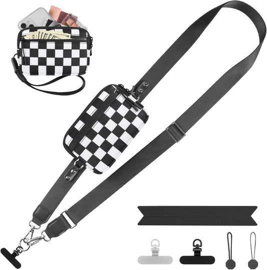 Clip and Go Strap for Phone with Wallet Crossbody, Adjustable Phone Lanyard with Detachable RFID Wristlet Wallet, Phone Strap with Phone Tabs for All Phones, Black Checkered (M)