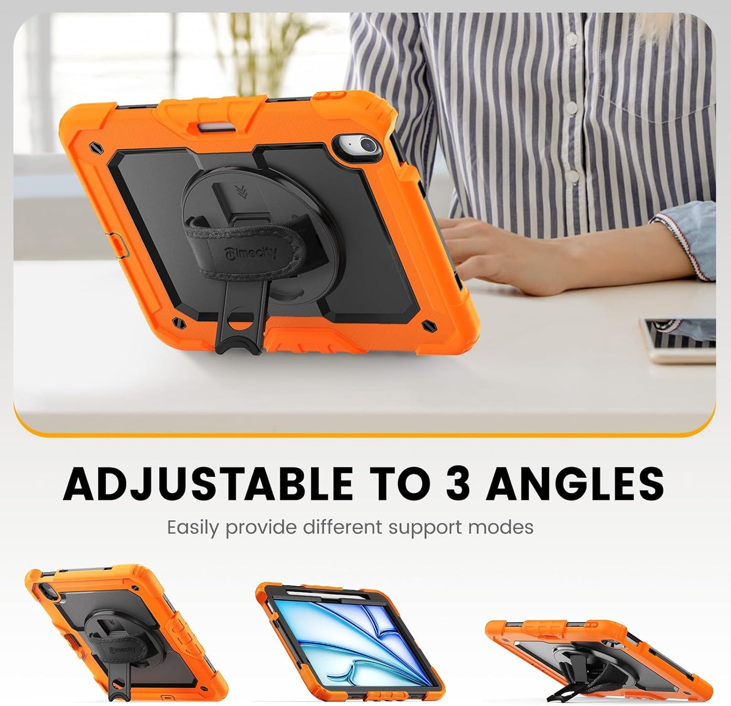 timecity Case for iPad Air 11 Inch M3/ M2 (2025/2024), 360° Rotating Stand, Pencil Holder & Wireless Charging, Shockproof with Screen Protector & Shoulder Strap - for Designers, Orange