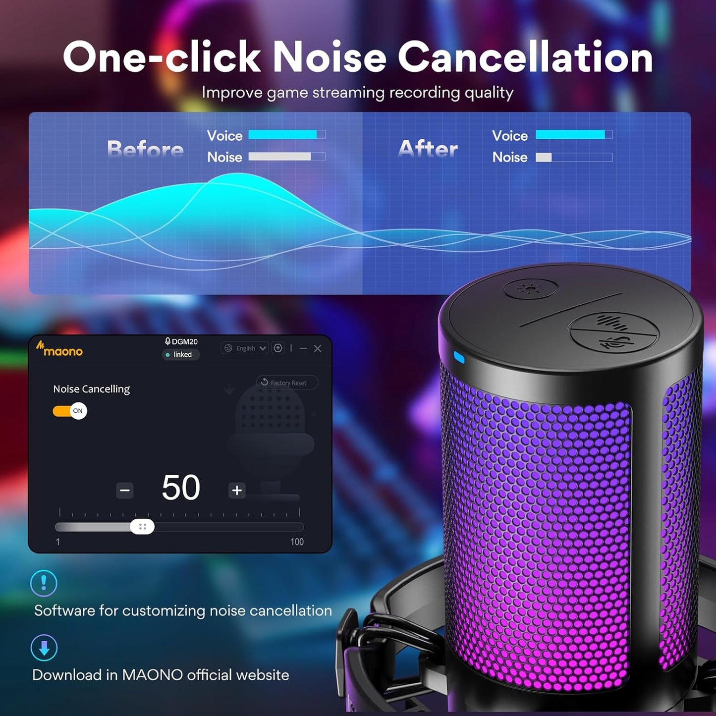 MAONO USB Gaming Microphone for PC, Noise Cancellation Condenser Mic with RGB Lights, Mute, Gain for Streaming, Recording, Podcast, Chat, Twitch, YouTube, Discord, Computer, PS5, PS4, GamerWave