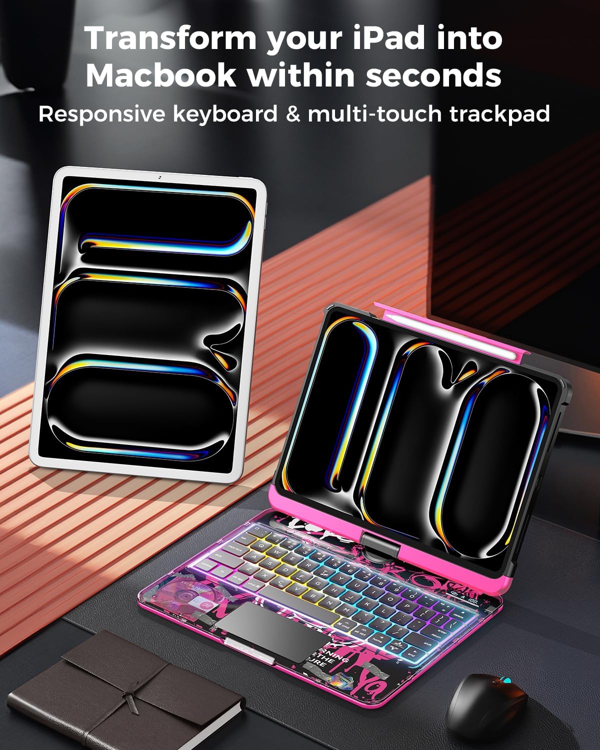 SIBEITU Keyboard Case for iPad Pro 11 Inch (M5 2025 / M4 2024), 360 Rotatable iPad Pro 11 Clear Cover with Multi-Touch Trackpad, 7-Color Backlight & 3 Brightness, High-Tech Visible PCB Design, Pink