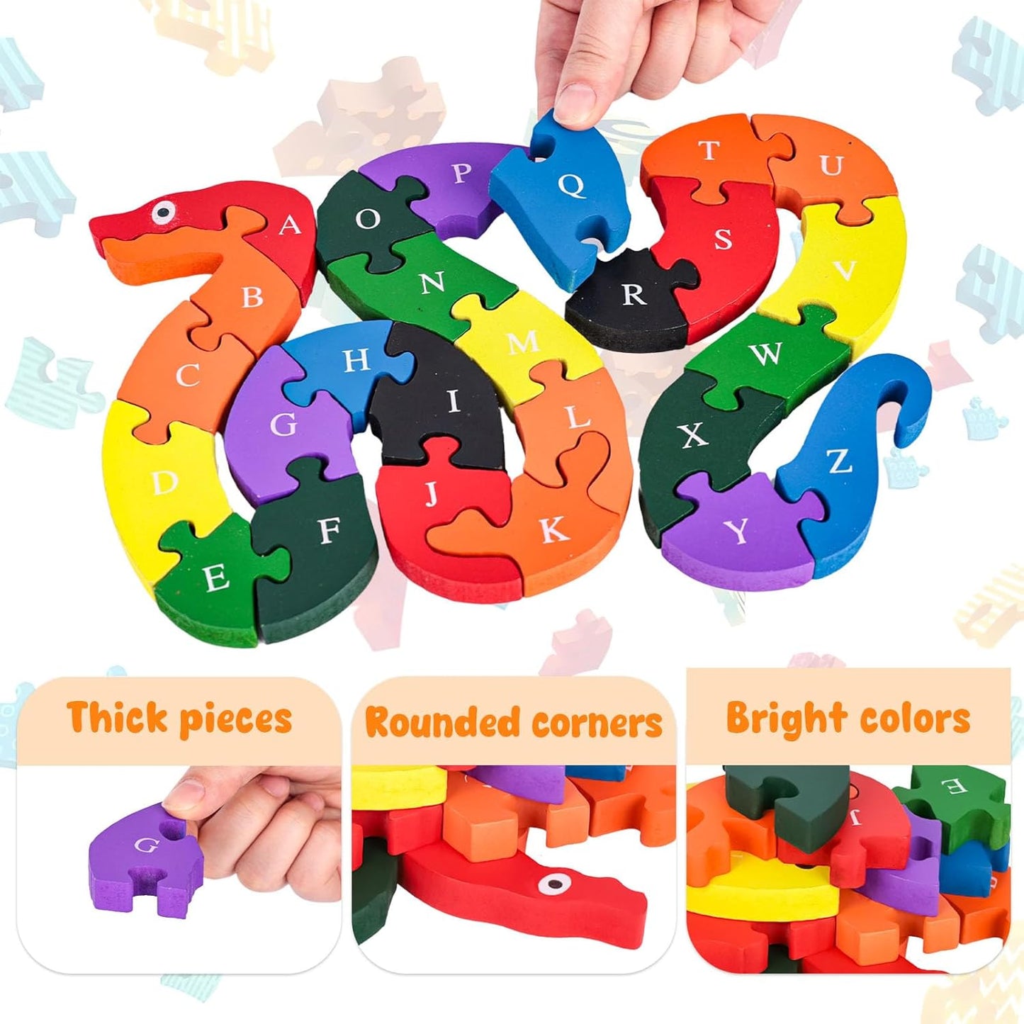 LovesTown Montessori Wooden Alphabet Puzzle for Toddlers, Snake ABC Learning Toys for Kids, Educational Preschool Jigsaw Puzzle for Early Childhood Development, Ideal Gift for Boys and Girls