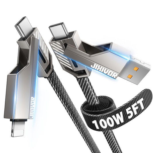 [One is Enough] 4-in-1 Compatible with USB C to Lightning Cable, 100W High-Speed Charging & Fast Data Transfer,CarPlay & Android Auto Support Multi Charger Cord Combo for iPhone/Samsung/iPad,5FT