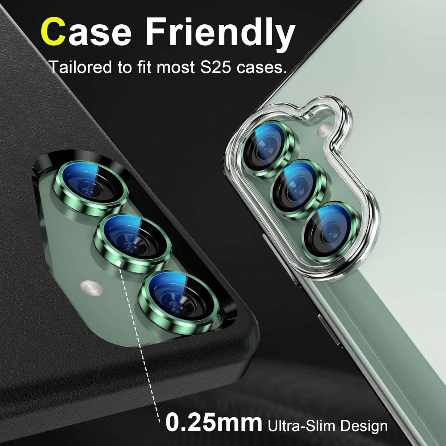 YWXTW Camera Lens Protector for Samsung Galaxy S25+ Plus Accessories [1:1 Fit & Ultra Clarity] 9H Tempered Glass Metal Individual Ring Camera Cover Screen Protector, Case Friendly (Green)