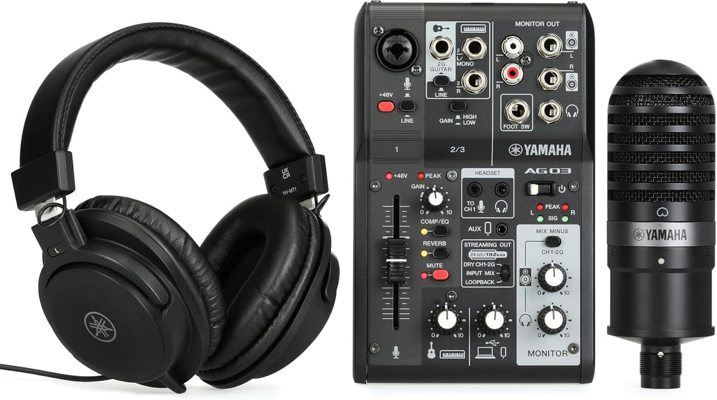 Yamaha AG03MK2 Black Live Streaming Kit with mixer/USB interface, condenser microphone, headphones and mic cable