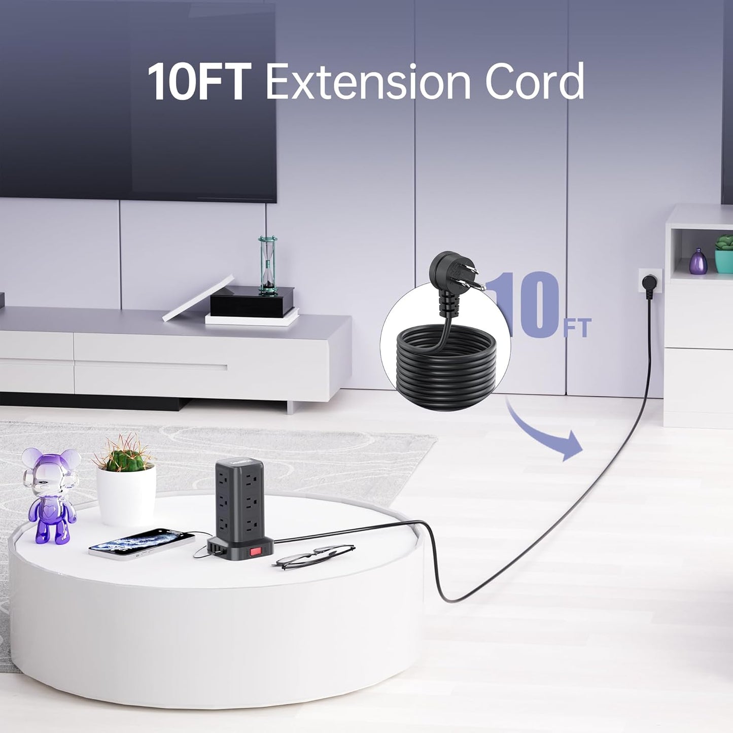 Surge Protector Power Strip Tower,10FT Extension Cord with Multiple Outlets, 12 AC 4 USB (1 USB C)，Mini Power Strip with USB Ports, Surge Protector Tower Overload Protection for Office, Desk