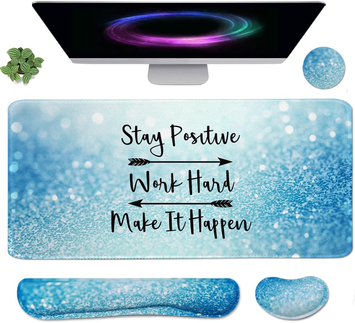 4-in-1 Large Gaming Mouse Pad, Keyboard Wrist Rest Pad & Wrist Support Mousepad Set, Extended Desk Pad Waterproof Desk Mat for Home Office Study Game - Stay Positive