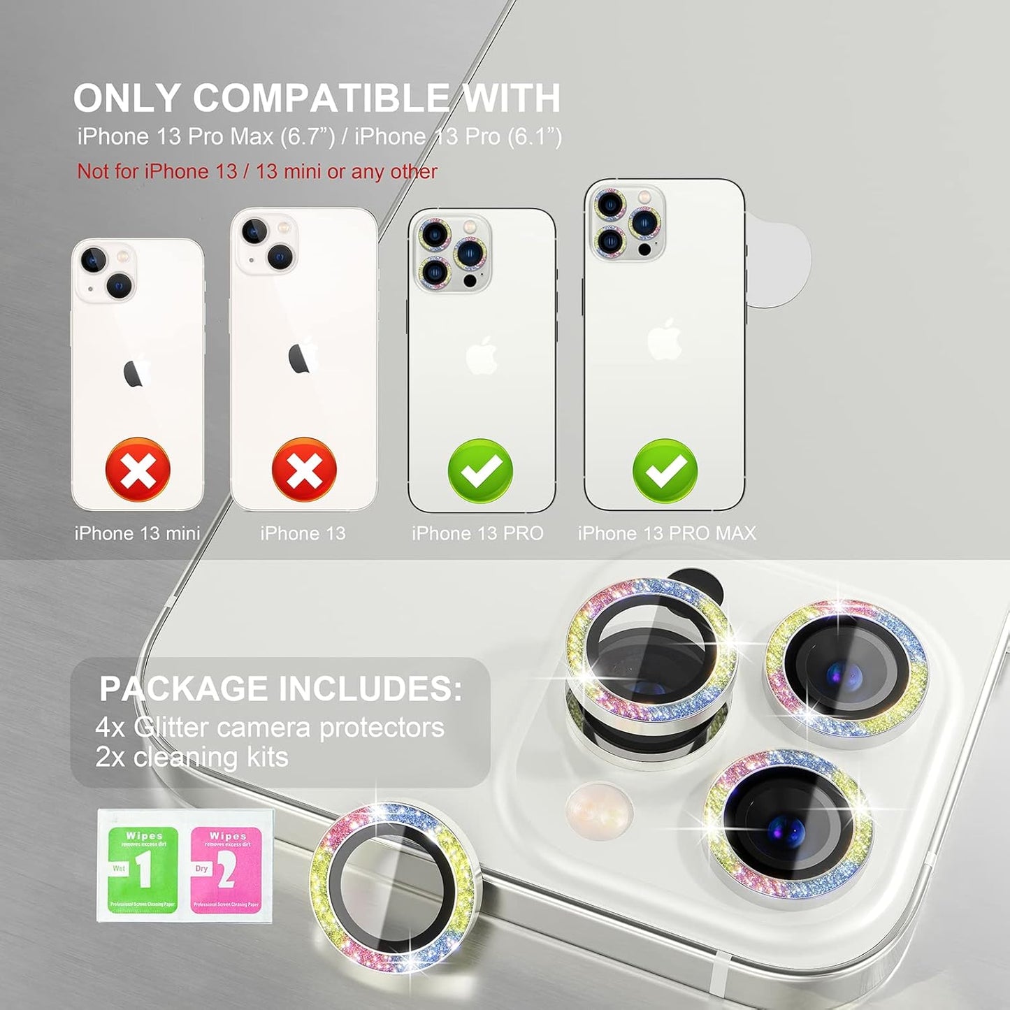 Choiche [3+1 for iPhone 13 Pro/iPhone 13 Pro Max Camera Lens Protector Bling, 9H Tempered Glass Camera Cover Screen Protector Metal Ring Decoration Accessories (Glitter-Colorful)