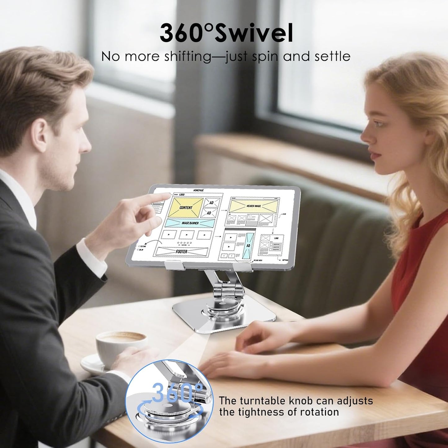 Tablet Stand for Desk, 360° Swivel for iPad Holder, Aluminum Adjustable Tablet Holder, Compatible for iPad Pro Air Mini Surface Pro Samsung Galaxy Tabs Kindle, 4-12.9 inch, Silver