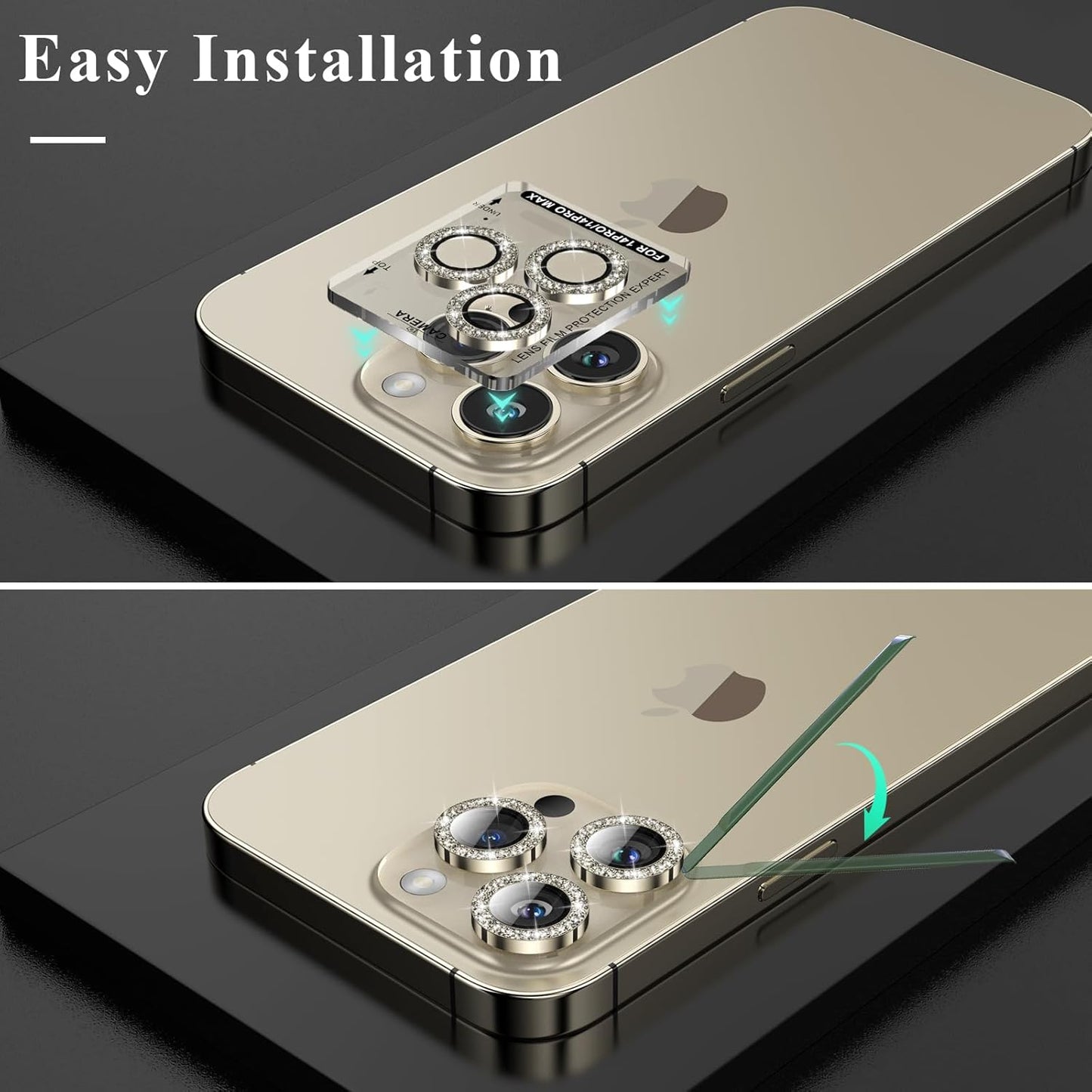 YWXTW Designed for iPhone 14 Pro/iPhone 14 Pro Max Camera Lens Protector Bling, [New Glitter Design] Individual Metal Tempered Glass Camera Cover Accessories Case Friendly, 1 Set (Gold Glitter)