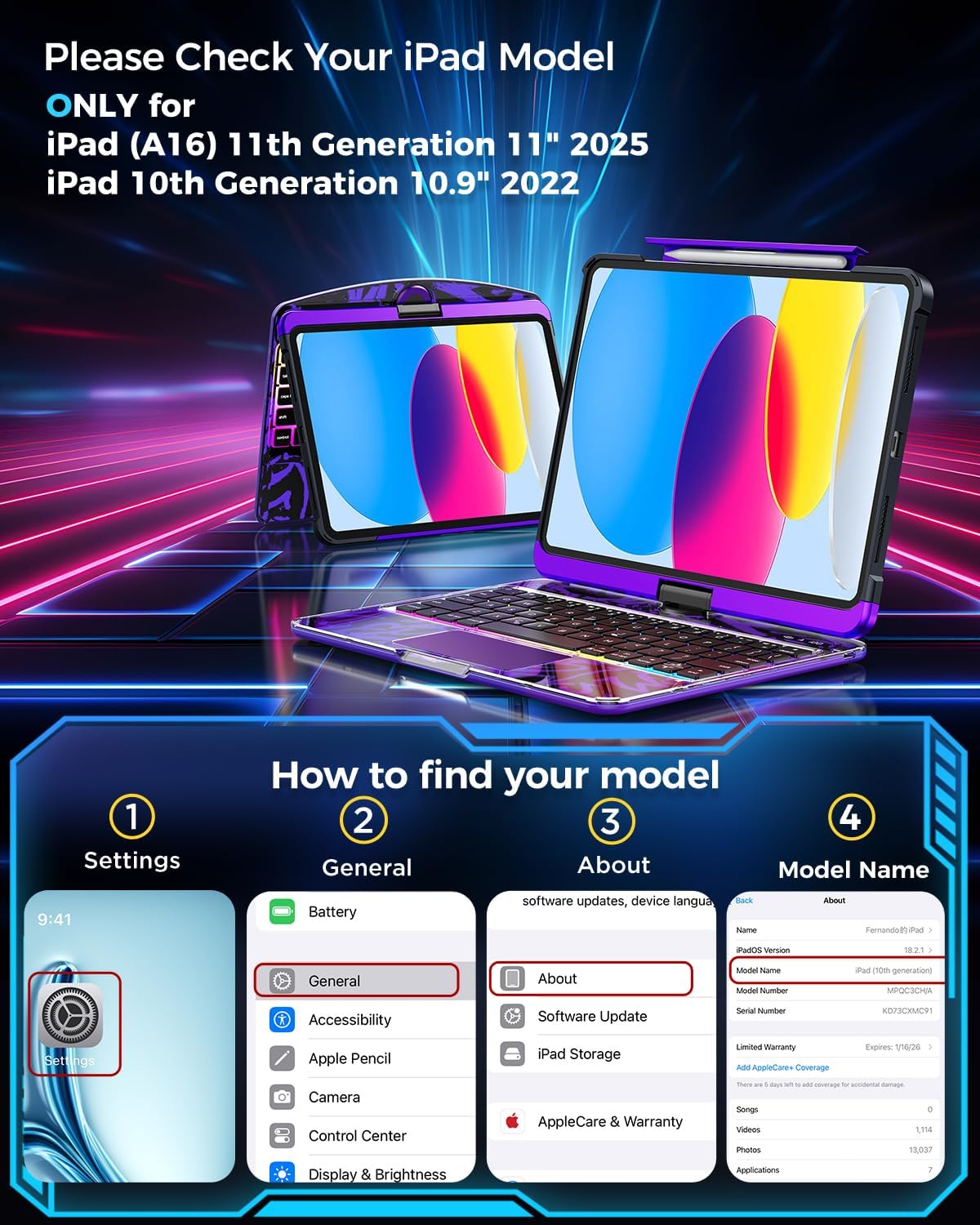 SIBEITU Keyboard Case for iPad A16 11th Gen 11" 2025 & 10th Gen 10.9" 2022, Clear Wireless Keyboard Protective Cover with Multi-Touch Trackpad, 7-Color Backlight & 3-Brightness, 360 Rotatable, Purple