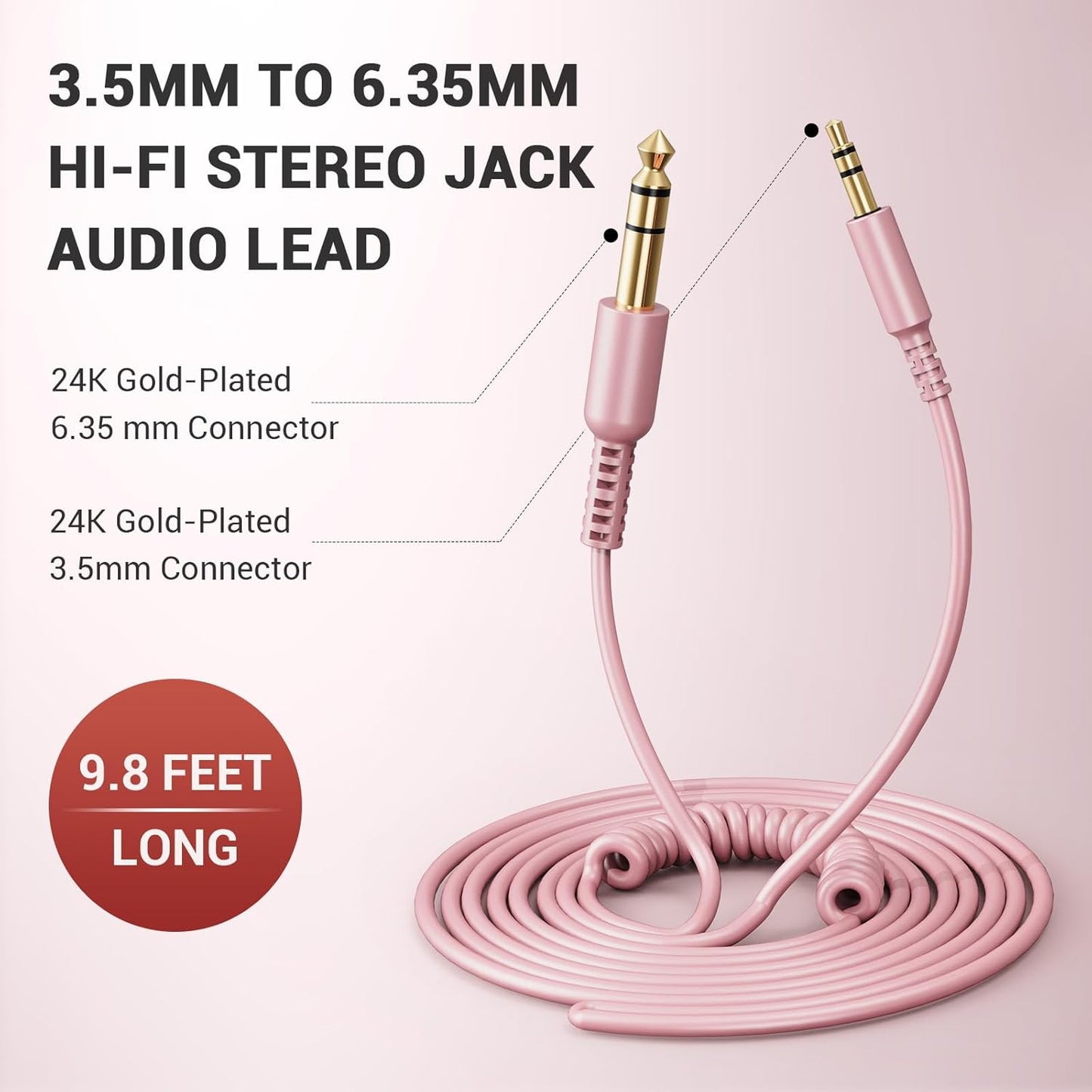OneOdio 6.35mm to 3.5mm 6.6-9.8FT Stereo Adapter Cable Compatible with AMPs, Electronic Keyboards, Mixers, Guitars and Pro10/Pro30/Pro50 Headphones of OneOdio- Rose Gold