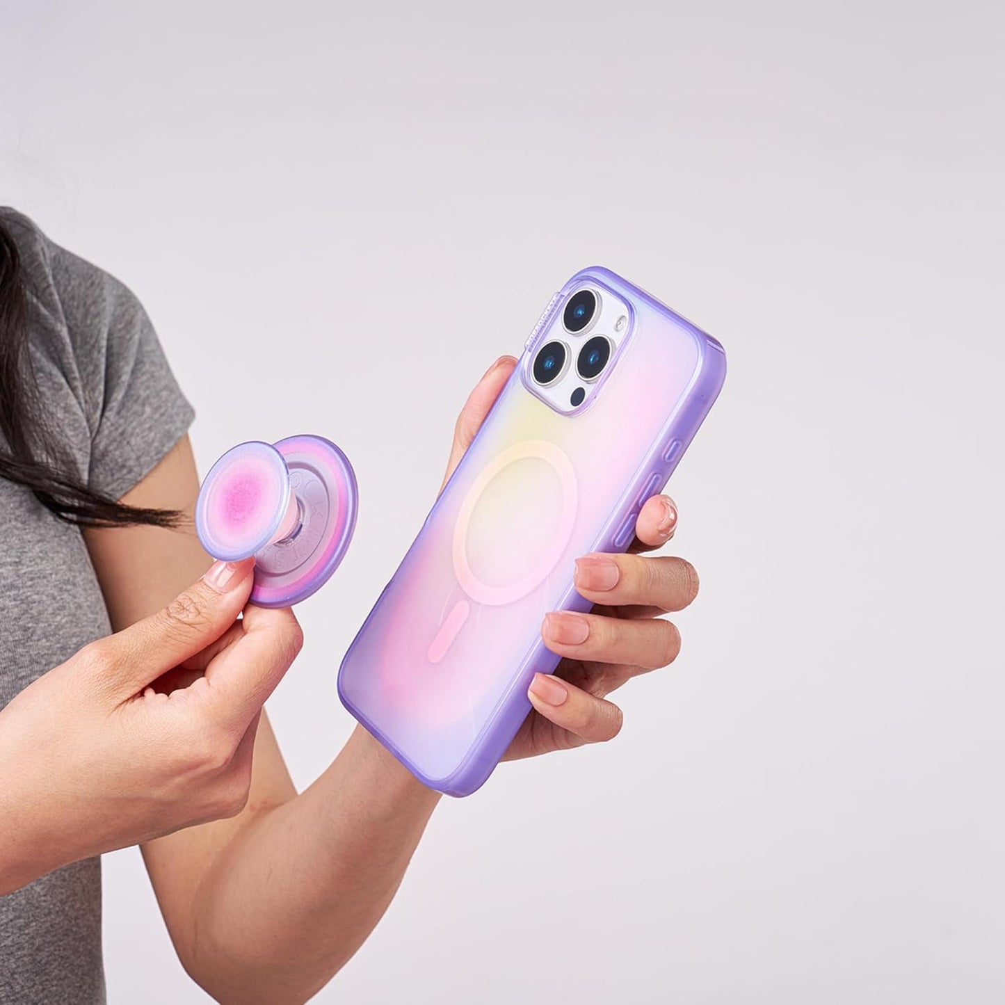 PopSockets Phone Grip for MagSafe with Kickstand, Magnetic Stand, Swappable Top, Secure Hold for iPhone MagSafe Cases, Phone & Tablet Grip, Cute PopSockets, Pink, Purple - Aura