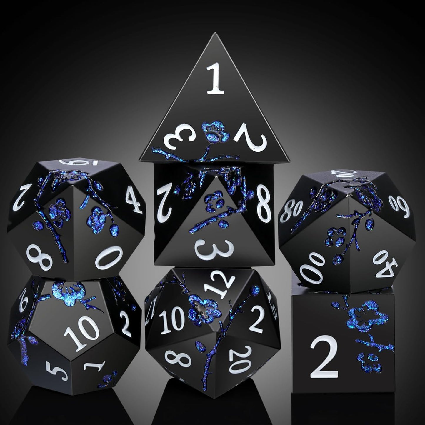 Glitter Blue D&D Metal Dice, DNDND 7 PCS Flower Metallic DND Dice Set with Gorgeous Gift Case for Dungeons and Dragon Tabletop Game (Matte Black with Glitter Blue Flower)