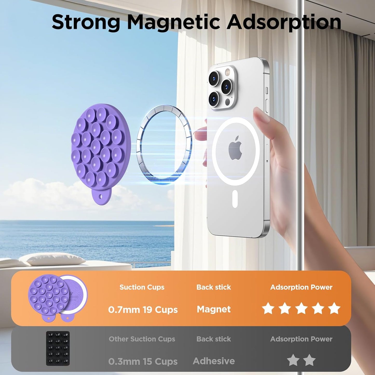 Magnetic Suction Cup Phone Mount for MagSafe Case, Silicone Hands-Free Grip Holder for iPhone and Android, Mirror Shower Phone Stand for Makeup FaceTime Gym Kitchen Bathroom, Bright Purple
