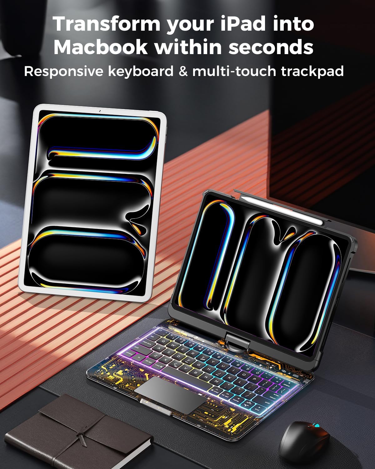 SIBEITU Keyboard Case for iPad Pro 11 Inch M5 2025 /M4 2024, Clear Wireless 360 Rotatable iPad Pro11 Cover, Multi-Touch Trackpad & Visible PCB High-Tech Design, 7-Color Backlight & 3-Brightness, Black