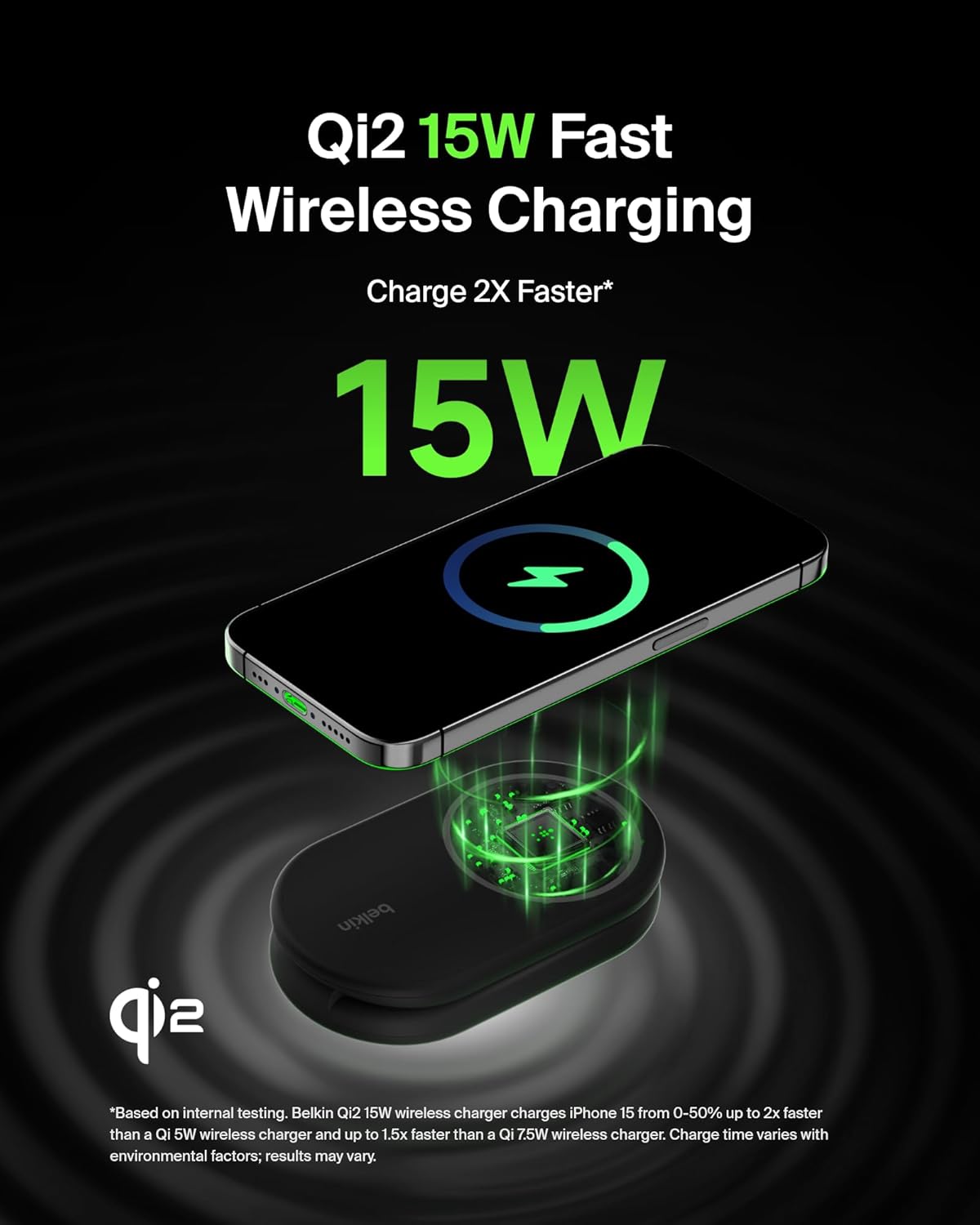 Belkin MagSafe-Compatible Charger, 2-in-1 Magnetic Foldable Charger 15W - Qi2-Certified Wireless Charging for Apple iPhone 16, Apple Watch, Samsung Galaxy S25 w/Non-Slip Base, PSU Included - Black