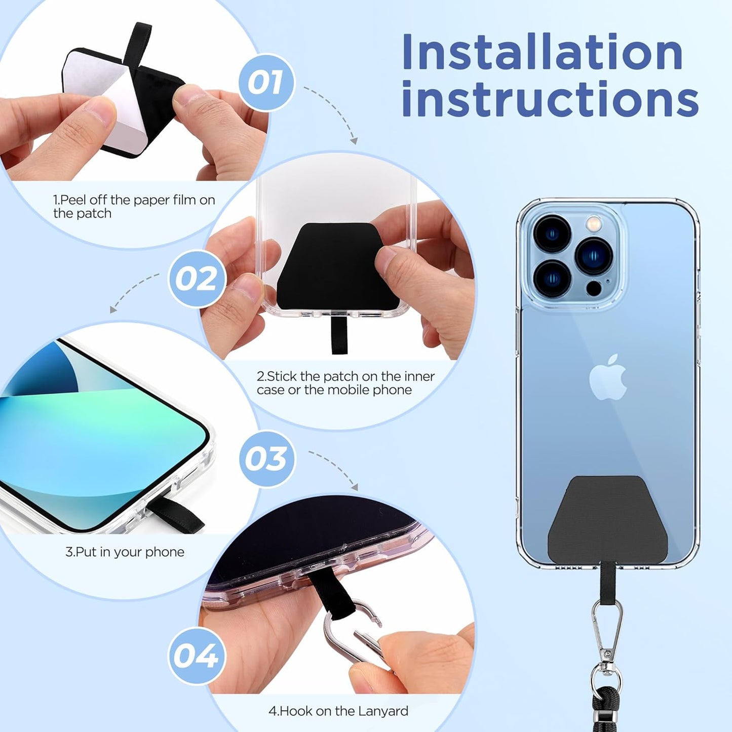 CACOE Phone Lanyard-2 PCS Adjustable Neck Strap,Universal Crossbody Multifuctional Cell Phone Lanyards Compatible with Most Smartphones(Black+Light Blue)