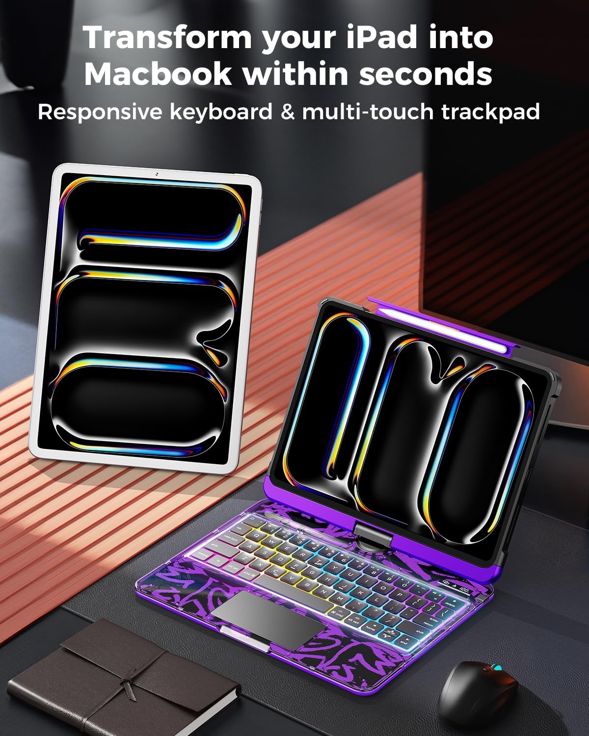 SIBEITU Keyboard Case for iPad Pro 11 Inch (M5 2025 / M4 2024), 360 Rotatable iPad Pro 11 Clear Cover with Multi-Touch Trackpad, 7-Color Backlight & 3 Brightness, High-Tech Visible PCB Design, Purple