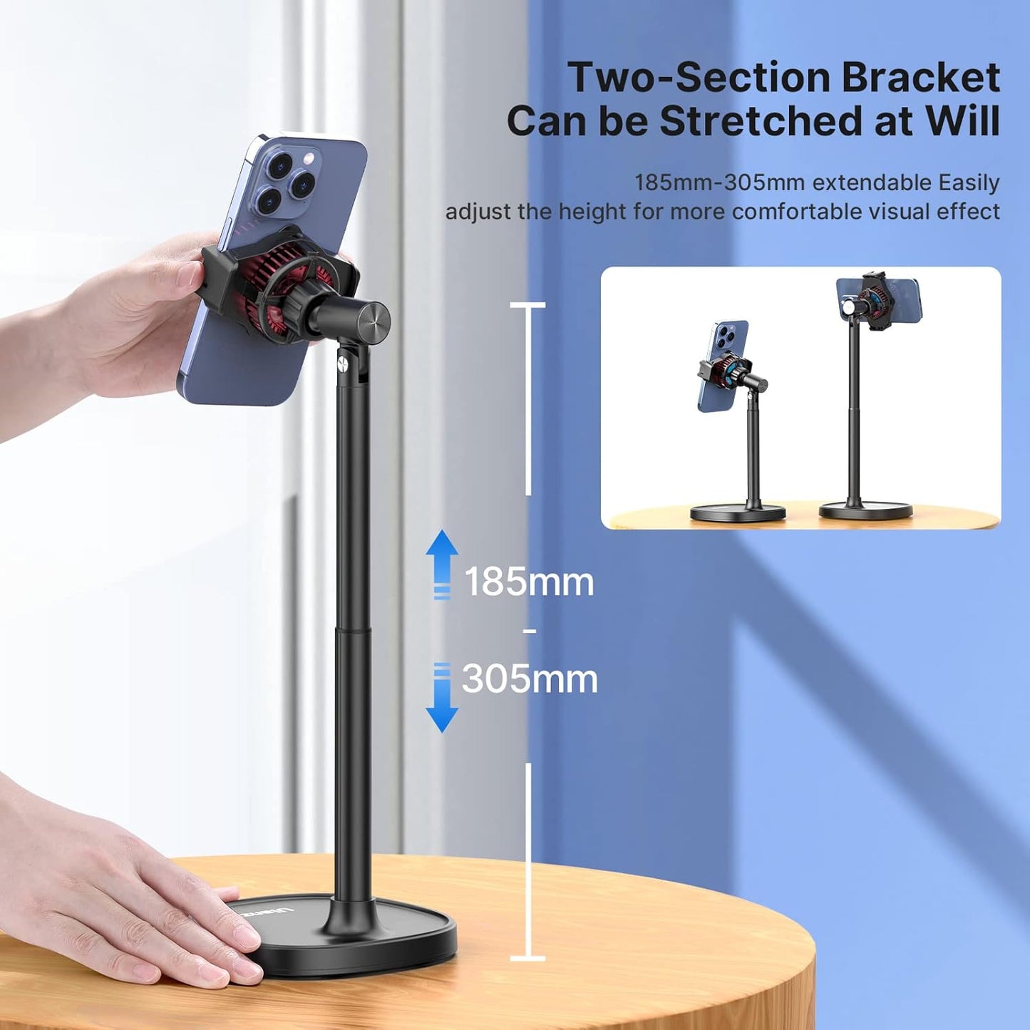 ULANZI SK-06 Cell Phone Stand with Phone Cooler, Desktop Phone Live Streaming Solution with Phone Cooling Fan, Height Adjustable Phone Cooler Stand Compatible with All Mobile Phones, iPhone & Android