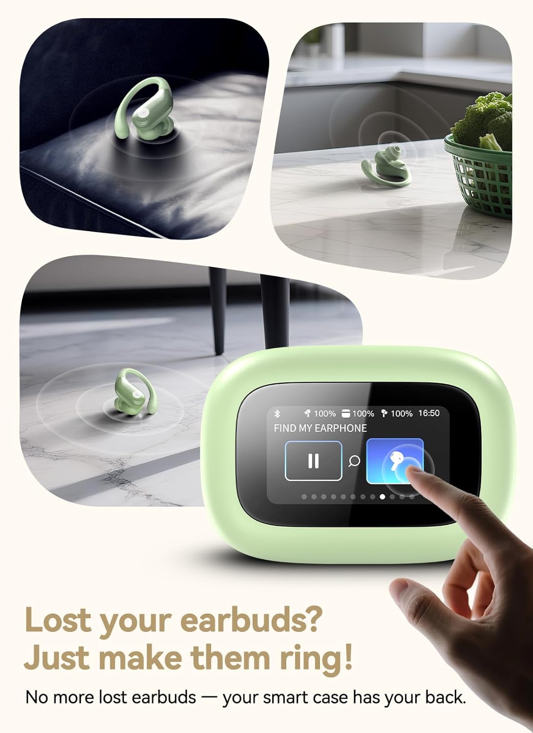 Wireless Earbuds, ANC Noise Cancelling Sport Ear Buds with Multifunctional Touch Screen, Bluetooth 5.4 Headphones, Bass Stereo Sound, 5 EQ Over The Ear Earbuds for Sports/Workout/Gym-Green