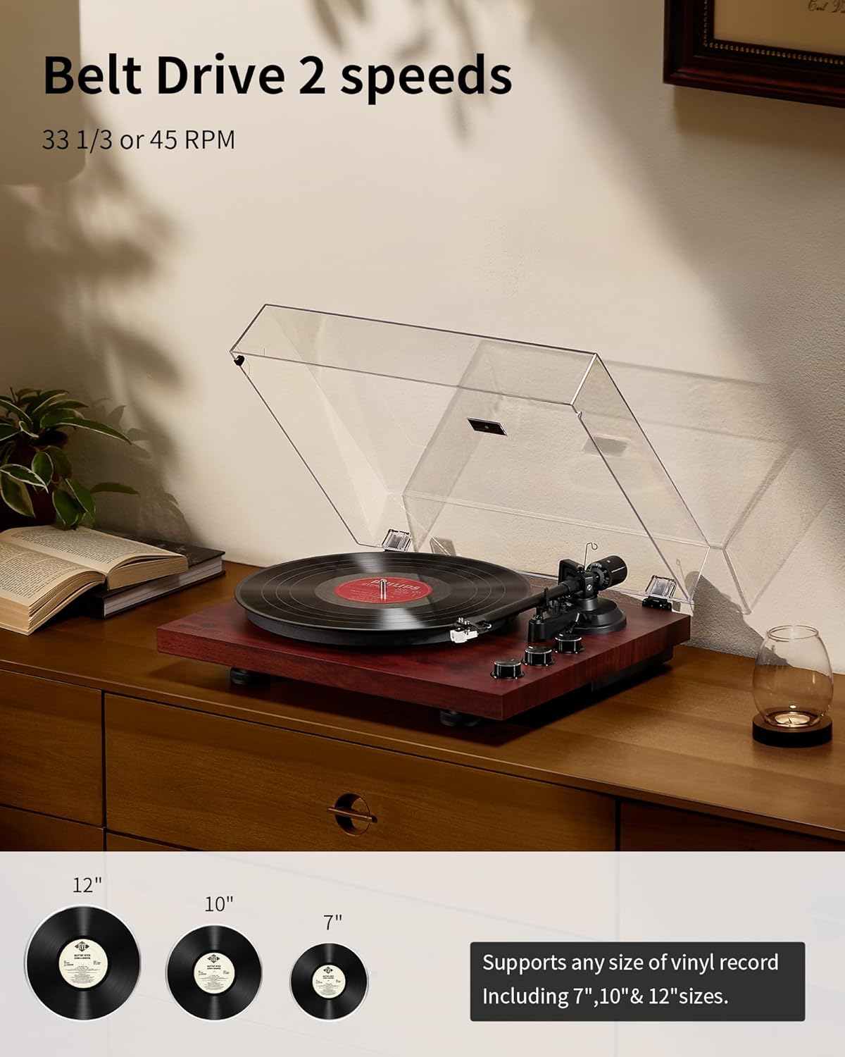 ANGELS HORN Vinyl Record Player Turntable with 2-Speed Belt-Drive, Bluetooth Output, Pitch Control, Built-in Phono Preamp, Adjustable Counterweight, AT-3600L