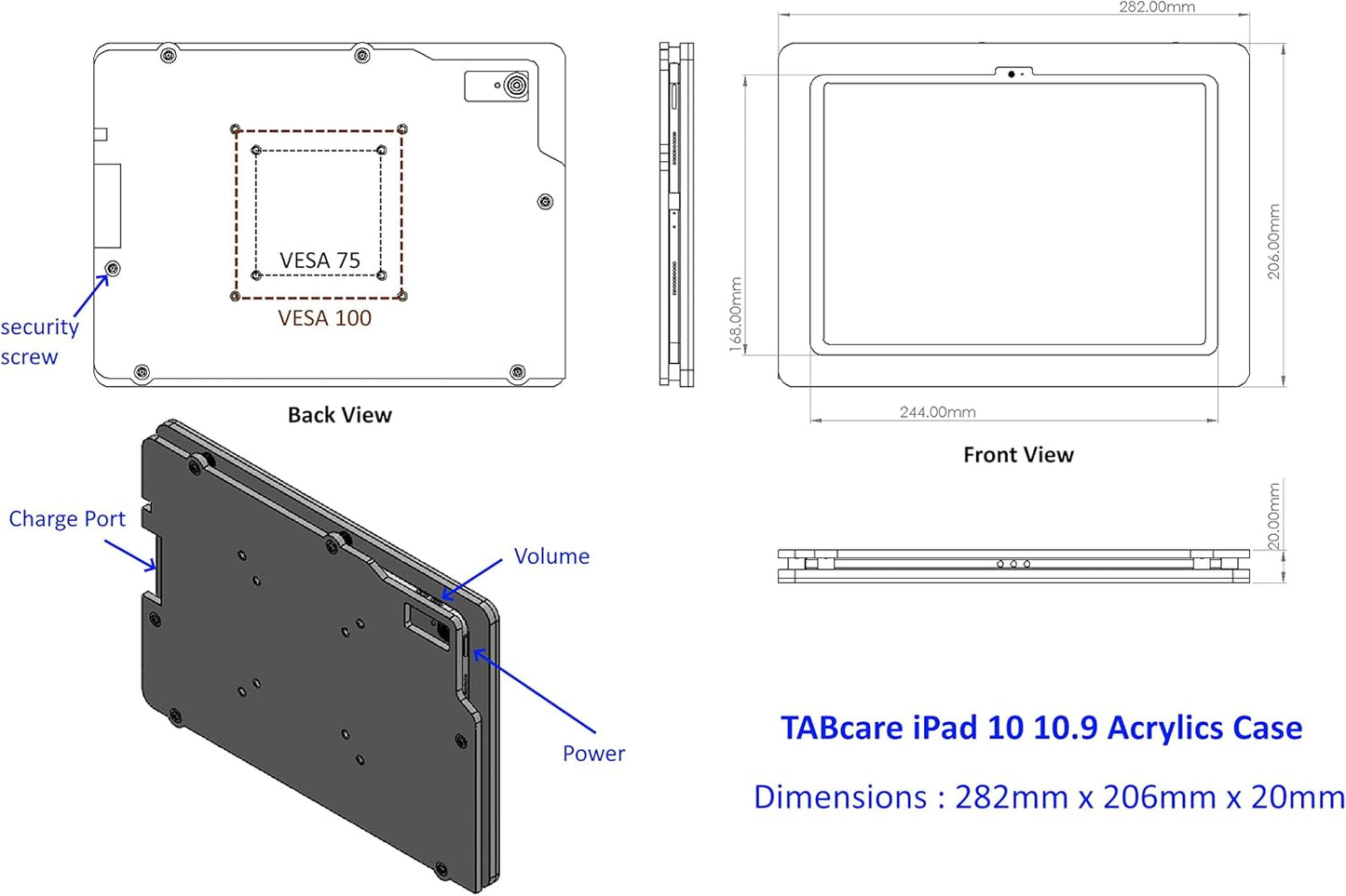 TABcare Anti-Theft Acrylic VESA Enclosure for Apple iPad 10 10.9" 2022, iPad 11" 2025 with Free Wall Mount Kit & 90-Degree Angle USB C Charge Cable (White)