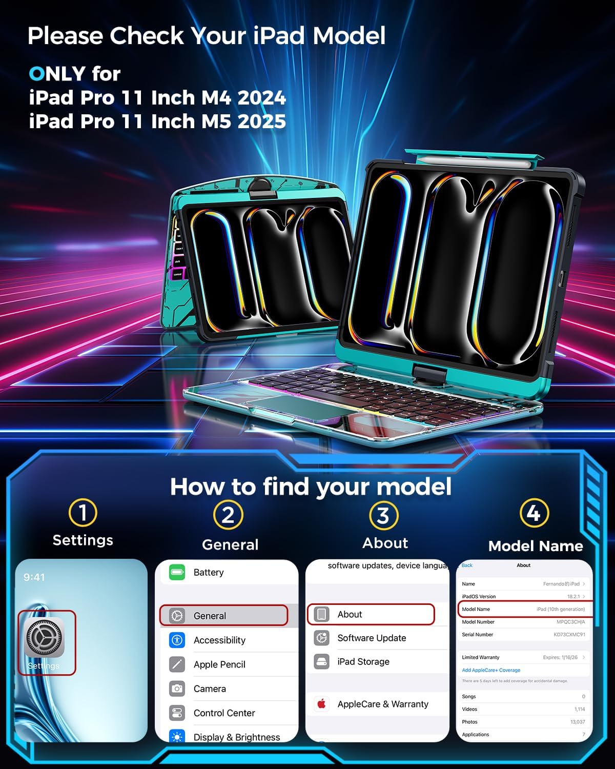 SIBEITU Keyboard Case for iPad Pro 11 Inch M5 2025 / M4 2024, Clear Wireless Keyboard iPad Pro 11inch Cover with Multi-Touch Trackpad, 7-Color Backlight & 3-Brightness, Visible PCB Tech Design, Blue