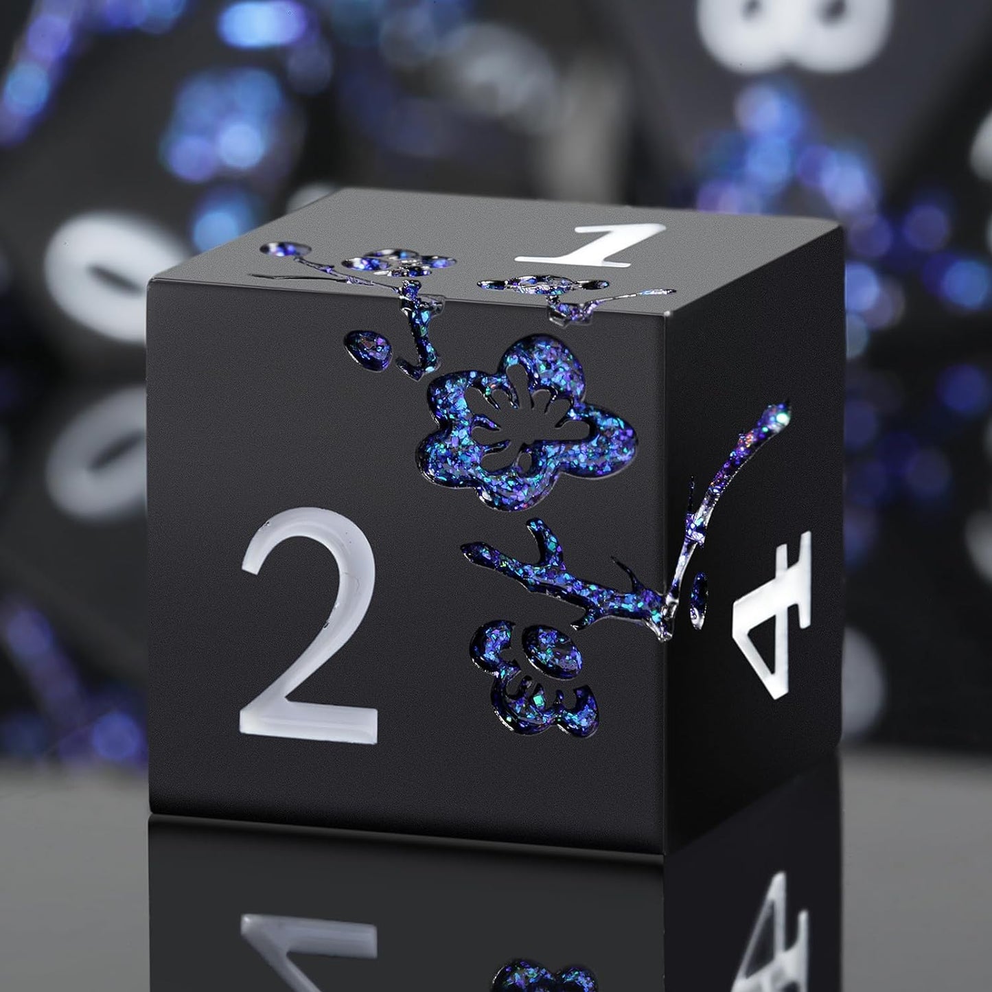 Glitter Blue D&D Metal Dice, DNDND 7 PCS Flower Metallic DND Dice Set with Gorgeous Gift Case for Dungeons and Dragon Tabletop Game (Matte Black with Glitter Blue Flower)