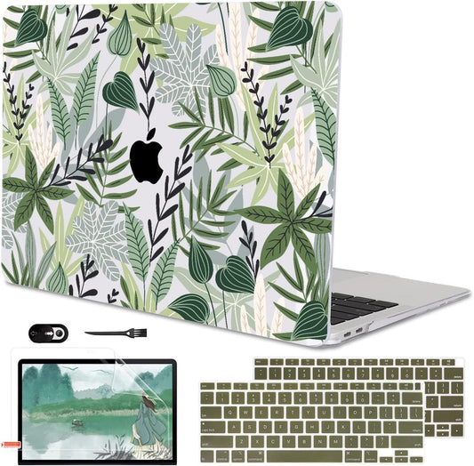 for MacBook Air 13 inch Case 2021 2020 2019 2018 for Mac A2337 M1 A2179 A1932 Cover with Touch ID, Crystal Plastic Hard Shell Case Keyboard Skin Screen Protector, Tropical Green Leaves