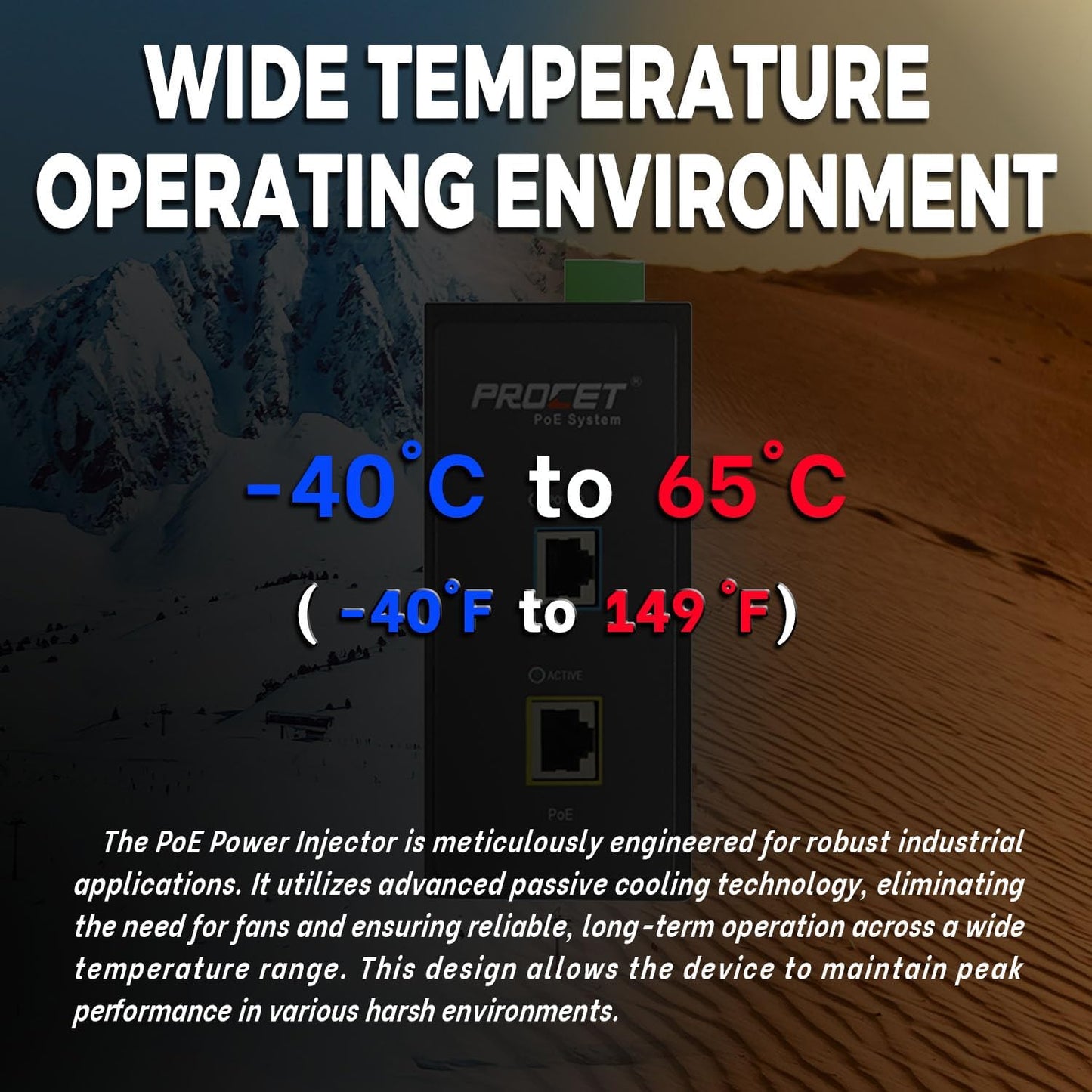 PROCET 10 Gbps Gigabit PoE++ Injector Din Rail, 60W Industrial Boost PoE Adapter with Wide Temp -40°F to 149°F, 6KV Surge Protection, 12-55V DC Input, IEEE802.3af/802.3at/802.3bt, PT-PSE105GB-E-10