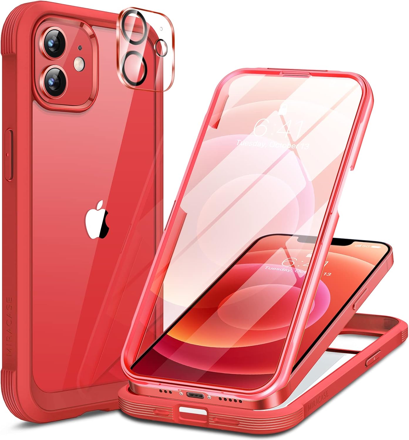 Miracase Glass Series for iPhone 12/12 Pro Case 6.1 inch, Upgraded Full-Body Rugged Phone Bumper Case Cover with Built-in 9H Tempered Glass Screen Protector and Camera Protector, Red