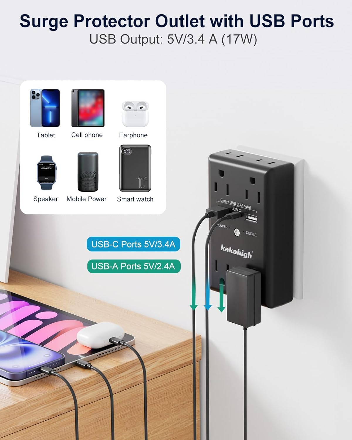 Black Wall Power Strip, 8 Way Outlets with 1680J Surge Protected, Multi Plug Wall Outlet with USB Ports, LED Indicator, 1875W Wall Mounted Surge Protectors for Dorm Room Office Kitchen