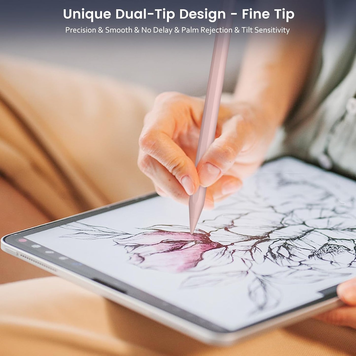 Stylus Pen for iPad, Dual-Tip 13 mins Fast Charge Pencil for Apple, Palm Rejection, Tilt Sensitivity, Compatible w/iPad 6/7/8/9/10, Pro 11/12.9in/M4, Air 3/4/5/M2, Mini 5/6 - Pink