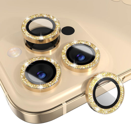 Choiche [3+1 for iPhone 14 Pro/iPhone 14 Pro Max Camera Lens Protector Bling, 9H Tempered Glass Camera Cover Screen Protector Metal Ring Decoration Accessories (Glitter-Gold)