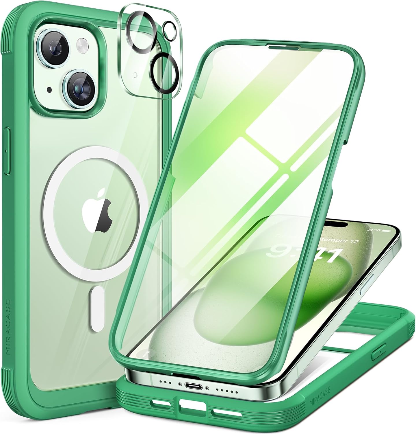 Miracase Magnetic for iPhone 15 Plus Case 6.7'' [Compatible with Magsafe] Full-Body Military Drop Proof 15 Plus Phone Case Cover with Built-in 9H Tempered Glass Screen Protector,Magnetic Green