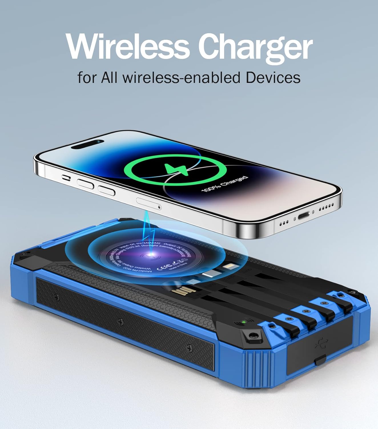 GOODaaa Power Bank Wireless Charger 36000mAh Built in 4 Cables Six Outputs 15W Fast Charging Power Bank for All Mobile Devices Three Inputs Solar Portable Charger with Dual Flashlights, Carabiner