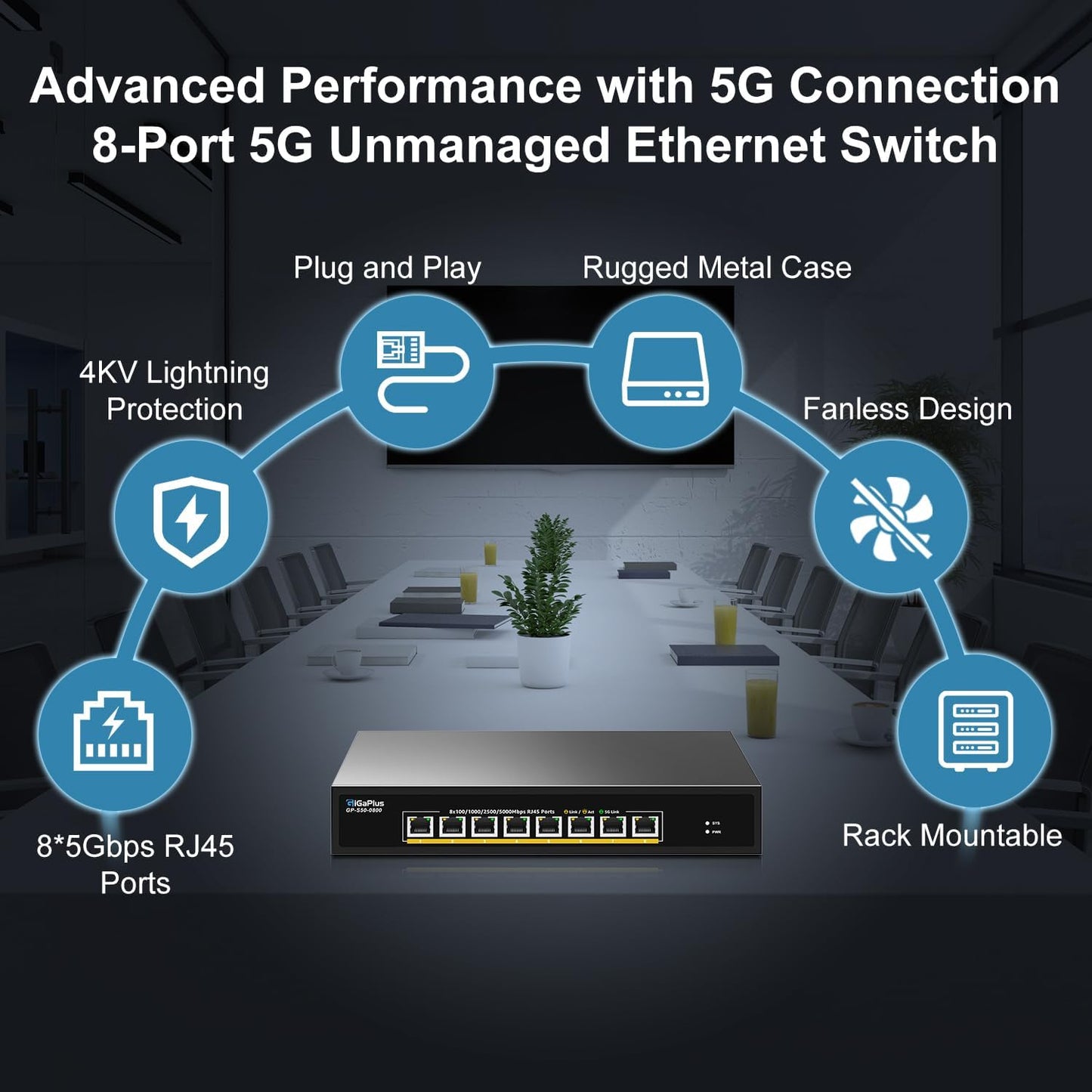 8 Ports 5Gb Unmanaged Ethernet Switch with 8*5G Base-T Ports. GiGaPlus 5Gbps Network Switch for 5Gbe NAS/PC, 5Gbps Adapter/NIC, WiFi7 Router, Desktop/19-inch Rack Mount