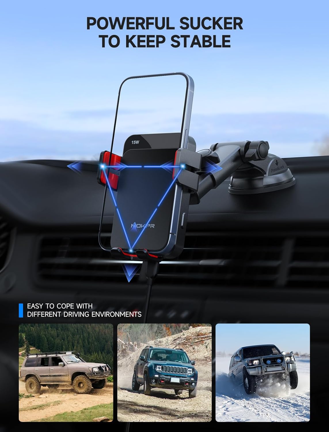 MOKPR Wireless Car Charger, 15W Auto Clamping Car Charger Dash Windshield Air Vent Phone Holder Compatible with iPhone 16 15 14/13/13 Pro/12 pro/12/11/X/8, Samsung S24/S23/S22, red