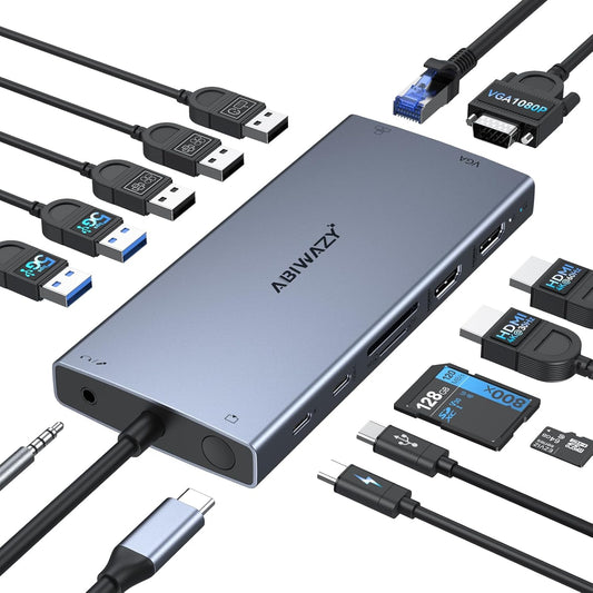 USB C Docking Station Dual Monitor for Dell/HP/Lenovo/Surface Laptop,15 in 1 Triple Display Multiport Adapter Hub, USBC Dock Dongle with 2 HDMI+VGA+6 USB C/A+Button+100W PD +Ethernet+SD/TF+Audio
